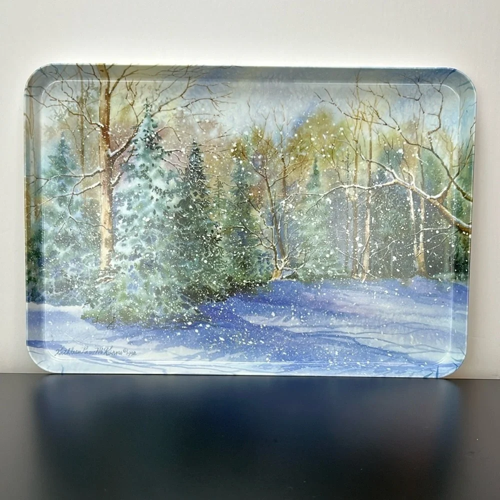 Melplus R2S Monza Artist Signed Snowy Winter Scene Trees Serving Tray Italy 90’s